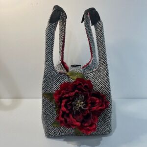 Vtg Designer Tweed Handbag Red‎ Flower Accent Hobo Purse Fairy Dainty Signed